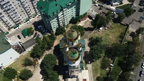 Aerial setting in which you can see a church with domes from Moldova. Old church Stock Footage 159561590
