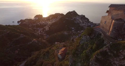 Aerial of settlement on cliff Stock Footage 89972682