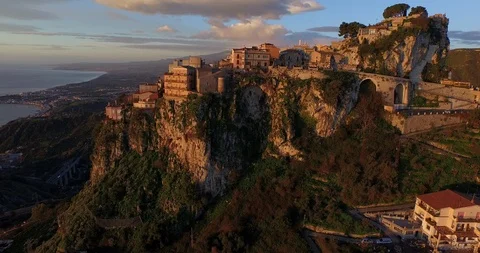 Aerial of settlement on cliff Stock Footage 90015880