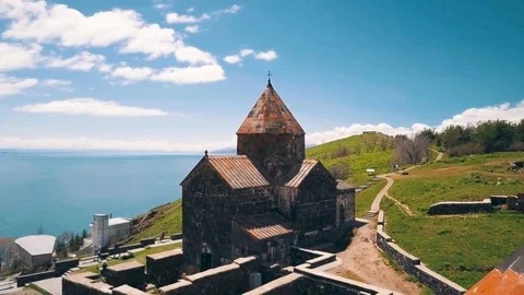 Aerial of Sevanavank Monastery on Lake Sevan in the Caucasus mountains of Stock Footage 116330095