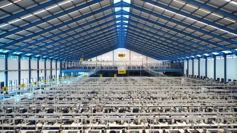 Aerial sewing machine factory in empty space background Stock Footage 156941524