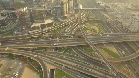 Aerial. Sheikh Zayed Road Intersection. Dubai. Camera moves above roads. 4K Stock Footage 79904701