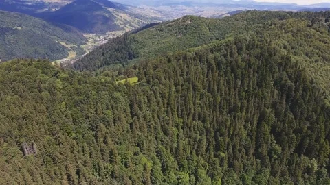 Aerial of a shimmering river and a tiny village in the Carpathians in summer Stock Footage 89922210