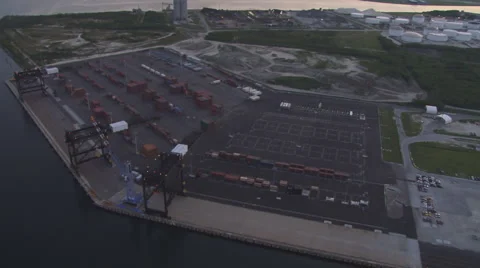 Aerial Ship Docks Containers Dusk 2 Video stock 5904276