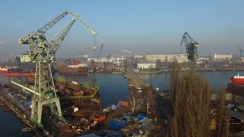 Aerial Of Shipyard Cranes Docks Harbour Construction Site And Ships Stock Footage 72096993