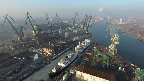 Aerial Of Shipyard Cranes Docks Harbour Construction Site And Ships Stock Footage 72226418