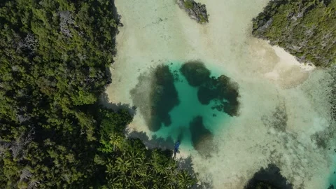 Aerial shoot, flight over colourful lagoon with Turquoise water, sand beach Stock Footage 261408596