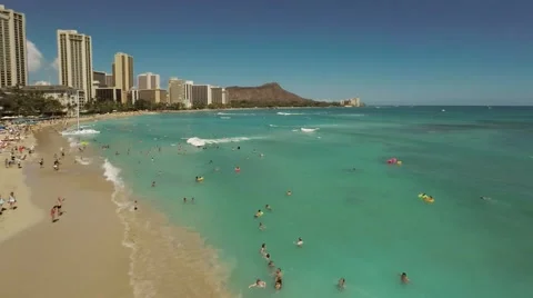 Aerial Shoot Kahanamoku Beach. Waikiki.  Island O'ahu. Hawaii. Stock Footage