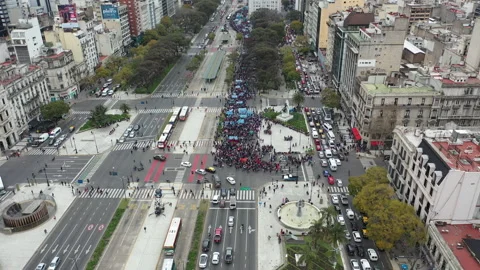 Aerial Shoot zenit down protesters of left-wing going to Social Develop ministry Stock Footage 139581599