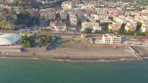 The aerial shootage of the city at the seaside. Video stock 114151453