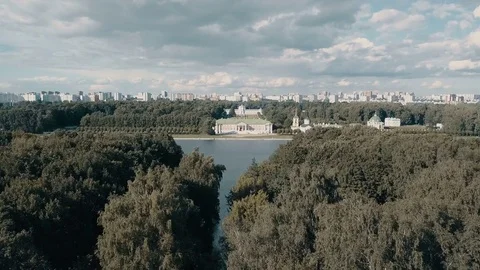 Aerial shooting from flying drone panoramic view modern city on river bank Stock Footage 80808608