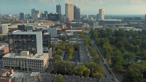 Aerial: Short North Arts District & downtown Columbus, Ohio, USA Stock Footage
