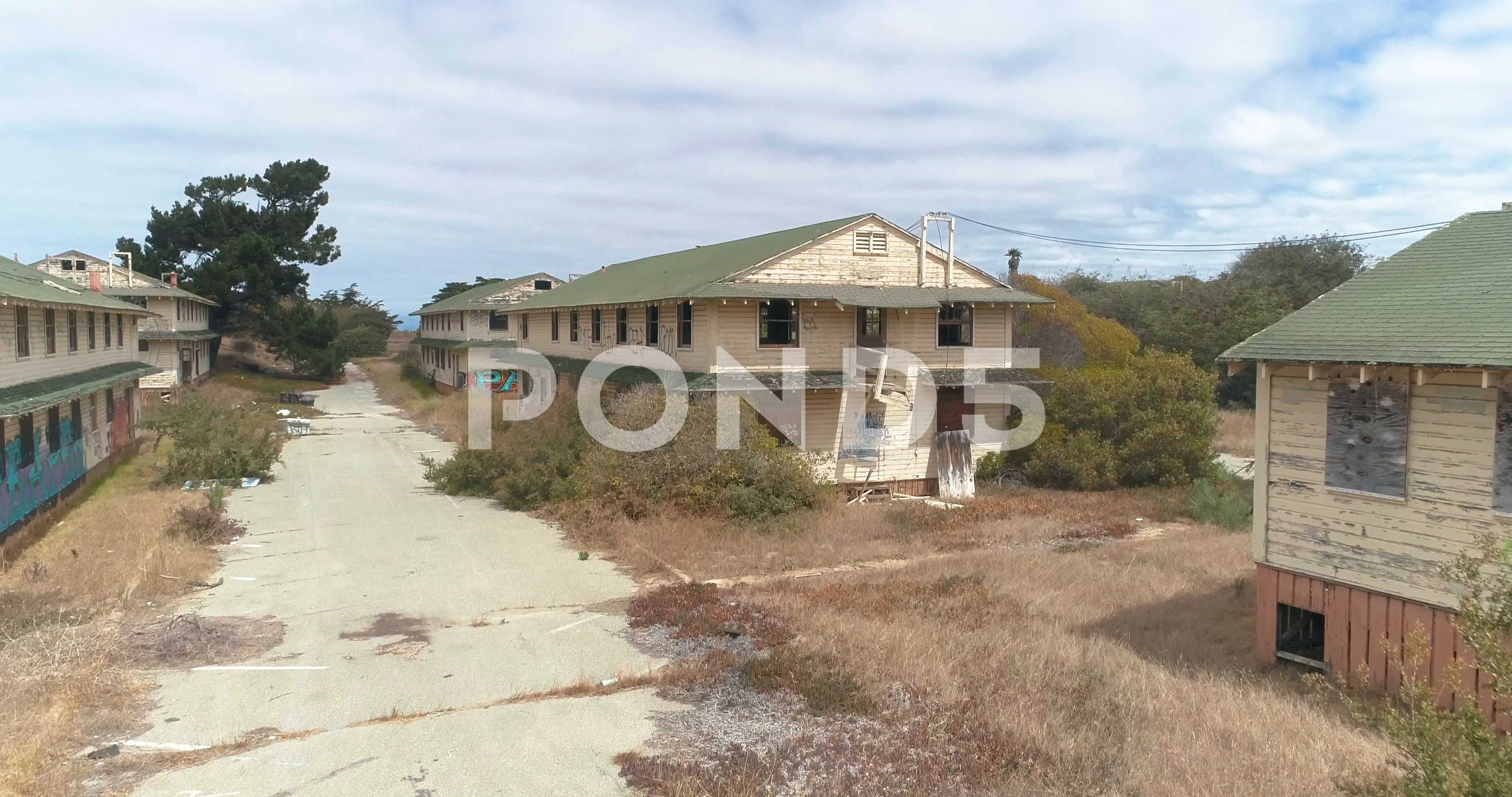 Aerial shot of Abandoned Military Base Barracks Fort Ord Near Monterrey