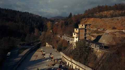 Aerial shot of an abandoned tower in the quarry Stock Footage