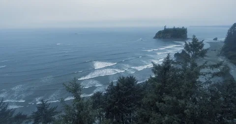 Aerial shot of Abbey Island at Ruby Beach, Olympic Park, Washington Stock Footage 123840326