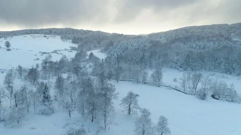Aerial shot along the meadow among the Carpathian Mountains in winter 4K Stock Footage