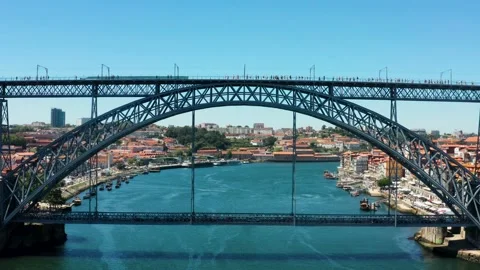 Aerial shot of an amazing Luis I Bridge in Porto, Portugal Stock Footage 145190071