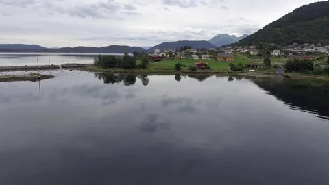 Aerial shot amazing seascape in Norway. Small fishing town and beautiful nature Stock Footage