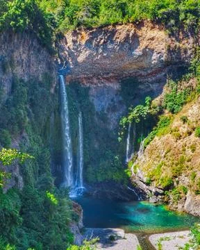 Aerial shot of an amazing waterfall in Radal Siete Tazas National Park, Chile Stock Photos