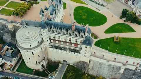 Aerial shot of Amboise castle over Loire river valley in France at summer Stock Footage