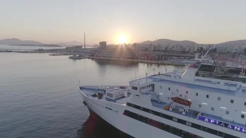 Aerial shot of anchored ship at sunset- Piraeus port,Greece- 18 June 2020 Video stock 264570840