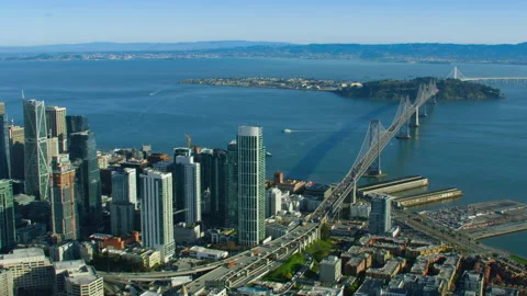 Aerial shot approaching the San Francisco Oakland Bay Bridge. Interstate 80. Stock Footage 162490875