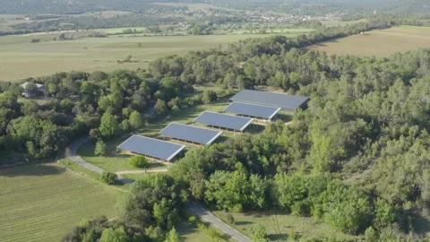 Aerial shot approaching a solar panel farm in a forest in the countryside Stock Footage 240983860