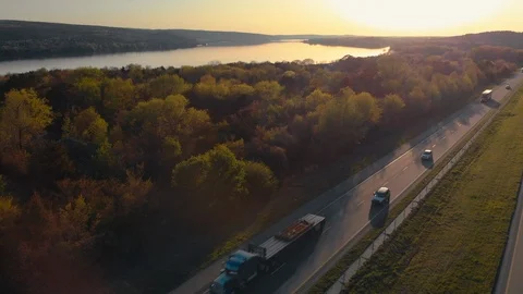 Aerial Shot of Arkansas River and Interstate 40 at Sunset Stock Footage