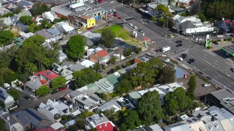 Aerial shot of Australian road intersection  in busy suburb with heavy Stock Footage 227155933