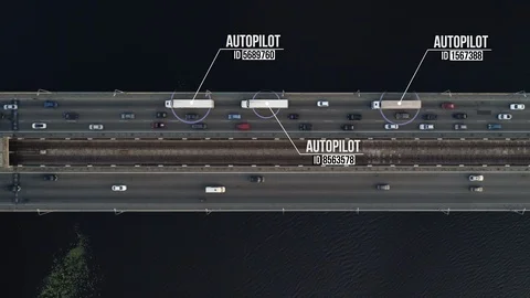 Aerial shot of autonomous (driverless, self driving) container trucks. Stock Footage
