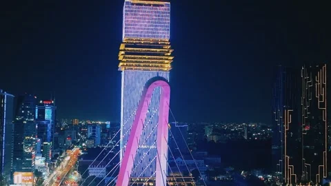 Aerial Shot of Ba Son Bridge and Saigon River Skyline at Night Video stock 341216150