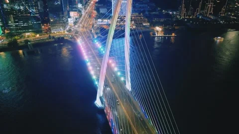 Aerial Shot of Ba Son Bridge and Saigon River Skyline at Night Video stock 341216190
