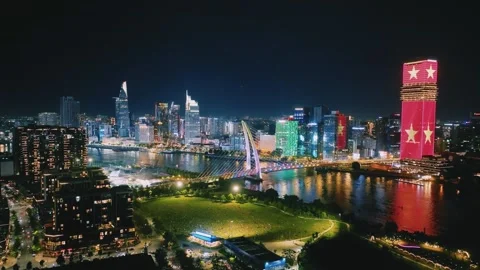 Aerial Shot of Ba Son Bridge and Saigon River Skyline at Night Video stock 341216952