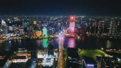 Aerial Shot of Ba Son Bridge and Saigon River Skyline at Night Video stock 341216987