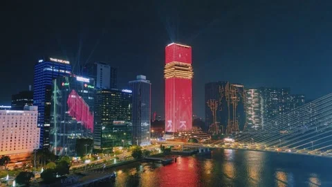 Aerial Shot of Ba Son Bridge and Saigon River Skyline at Night Video stock 341218082
