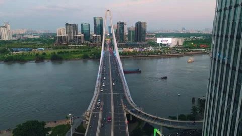 Aerial Shot of Ba Son Bridge Crossing Saigon River in Ho Chi Minh City Video stock 341742590