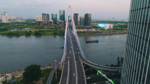 Aerial Shot of Ba Son Bridge Crossing Saigon River in Ho Chi Minh City Video stock 341742662
