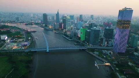 Aerial Shot of Ba Son Bridge Crossing Saigon River in Ho Chi Minh City Video stock 341742716