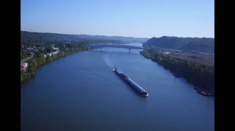 Aerial-shot-of-barge-floating-down-ohio-river Stock Footage 68027957