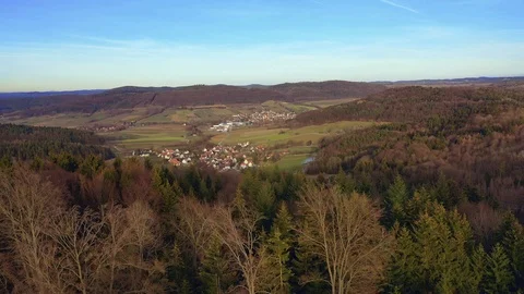 Aerial shot of a bavarian forest and village Stock Footage