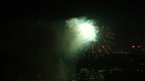 Aerial Shot Of Beautiful Fireworks Exploding In Clear Sky - Los Angeles, Stock Footage 169489881