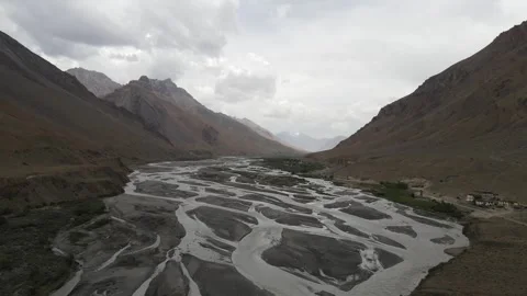 Aerial shot of beautiful river forming pattern in Spiti Valley. Stock Footage 249243498
