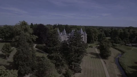 Aerial  shot from behind the trees to early Renaissance castle 4K Stock-Footage 99106963