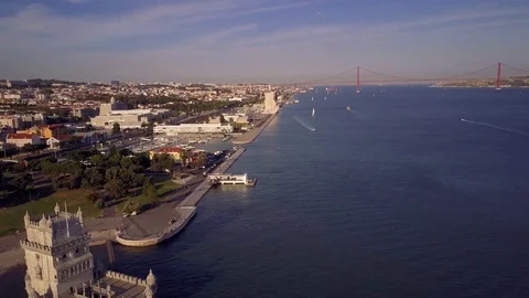 Aerial shot of Belem Tower, Lisbon, Portugal Stock Footage 79927751