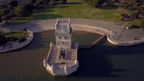 Aerial shot of Belem Tower, Lisbon, Portugal Video stock 80243380