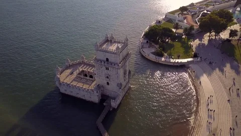 Aerial shot of Belem Tower, Lisbon, Portugal Stock Footage 80243578