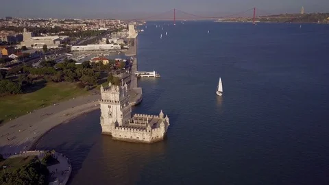 Aerial shot of Belem Tower, Lisbon, Portugal 動画素材 80245506