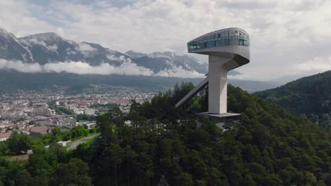 Aerial Shot of Bergisel Ski Jump in Innsbruck designed by the British-Iraqi Stock Footage 248536119