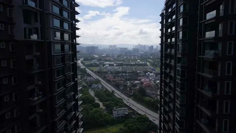 Aerial shot in between Urban Building In Morning, 4k Stock Footage 144166311