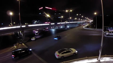 Aerial shot of a big intersection in Beijing during the night Stock Footage 132133589